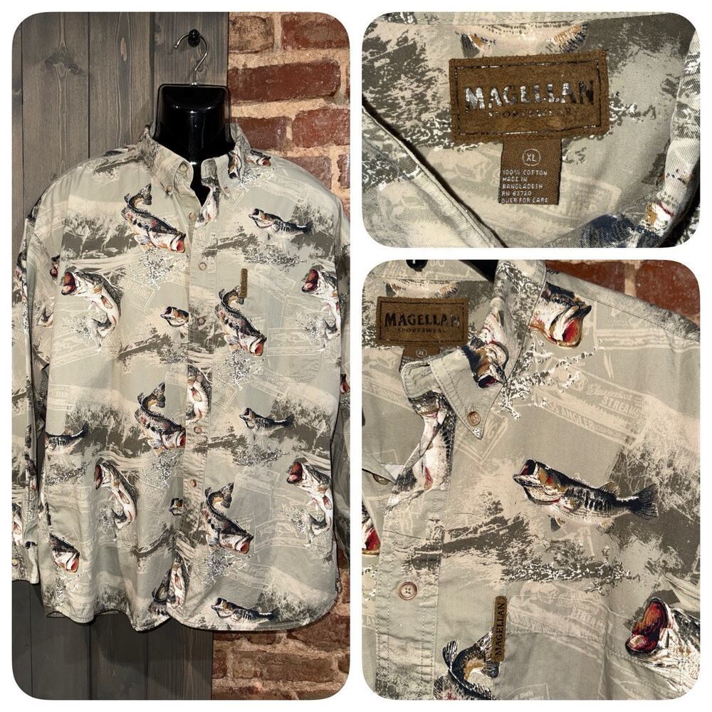 Vintage Y2K Magellan Sportswear XL Bass Fishing Shirt AOP Outdoor Cotton